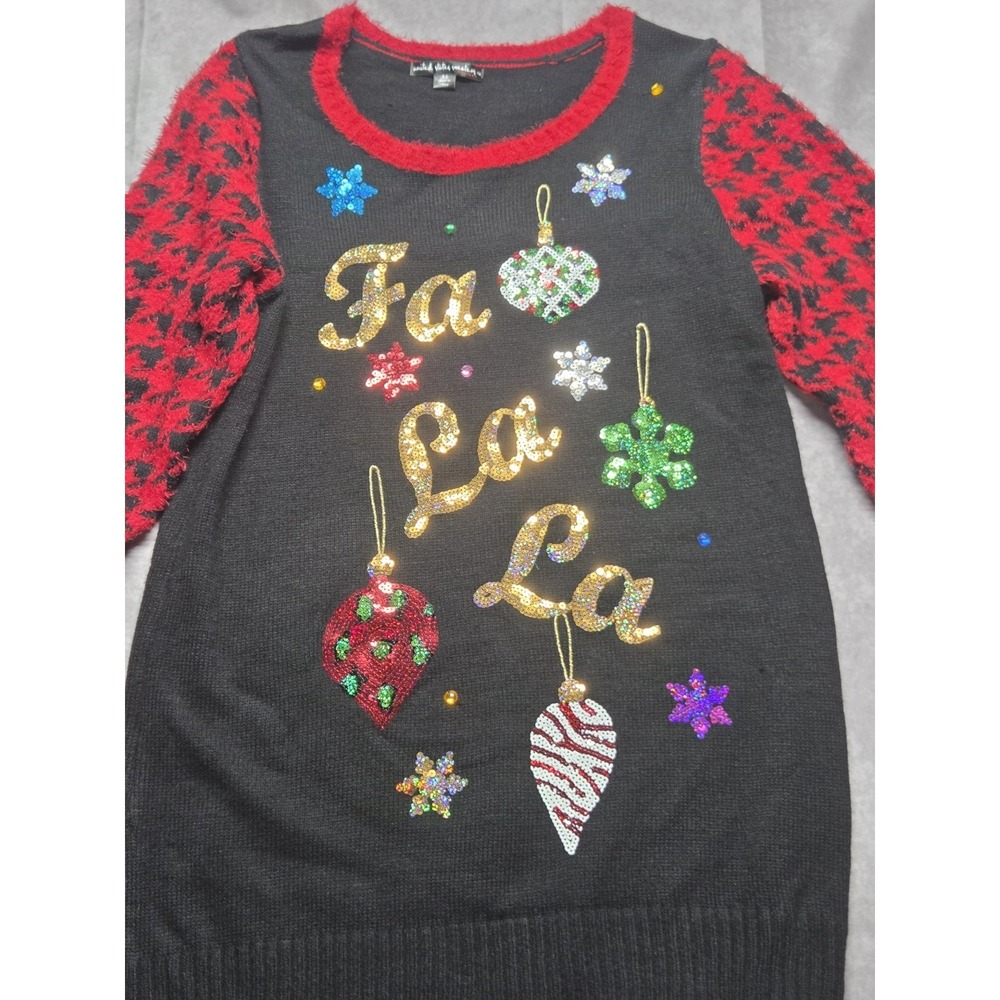 Black & Red Sequin Embellished Fa La La Long Tunic Holiday Sweater XL Sequins - Picture 2 of 9
